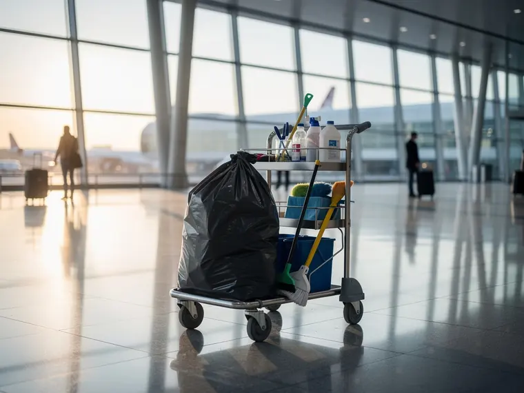 Illustration: cleaning staff with garbage bags at an airport terminal